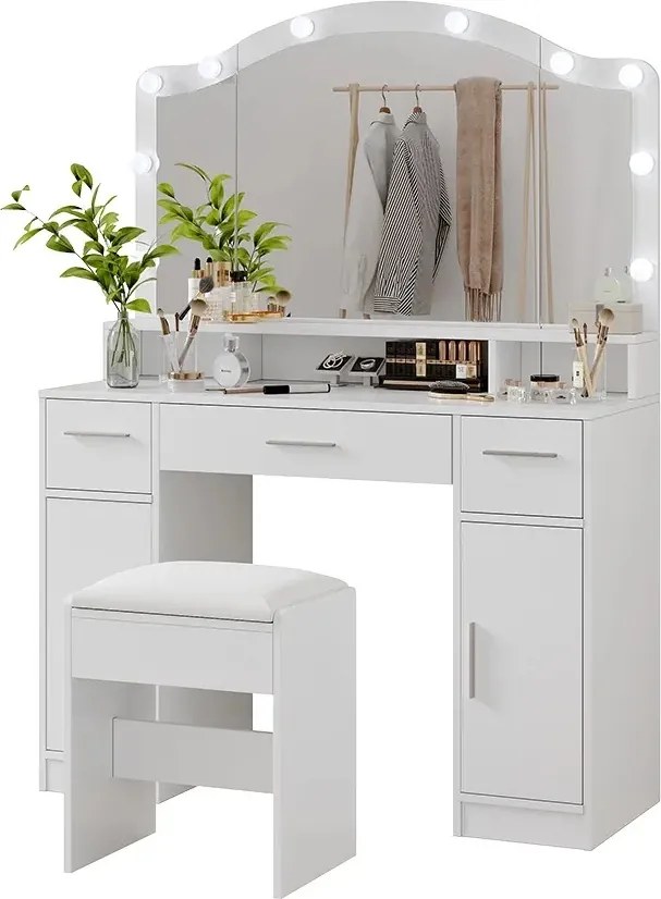 Masuta machiaj cu Oglinda LED si 3 Sertare pentru Cosmetice, Set Masa toaleta 110 cm, Alb, masuta cosmetica, vanity - SEA809