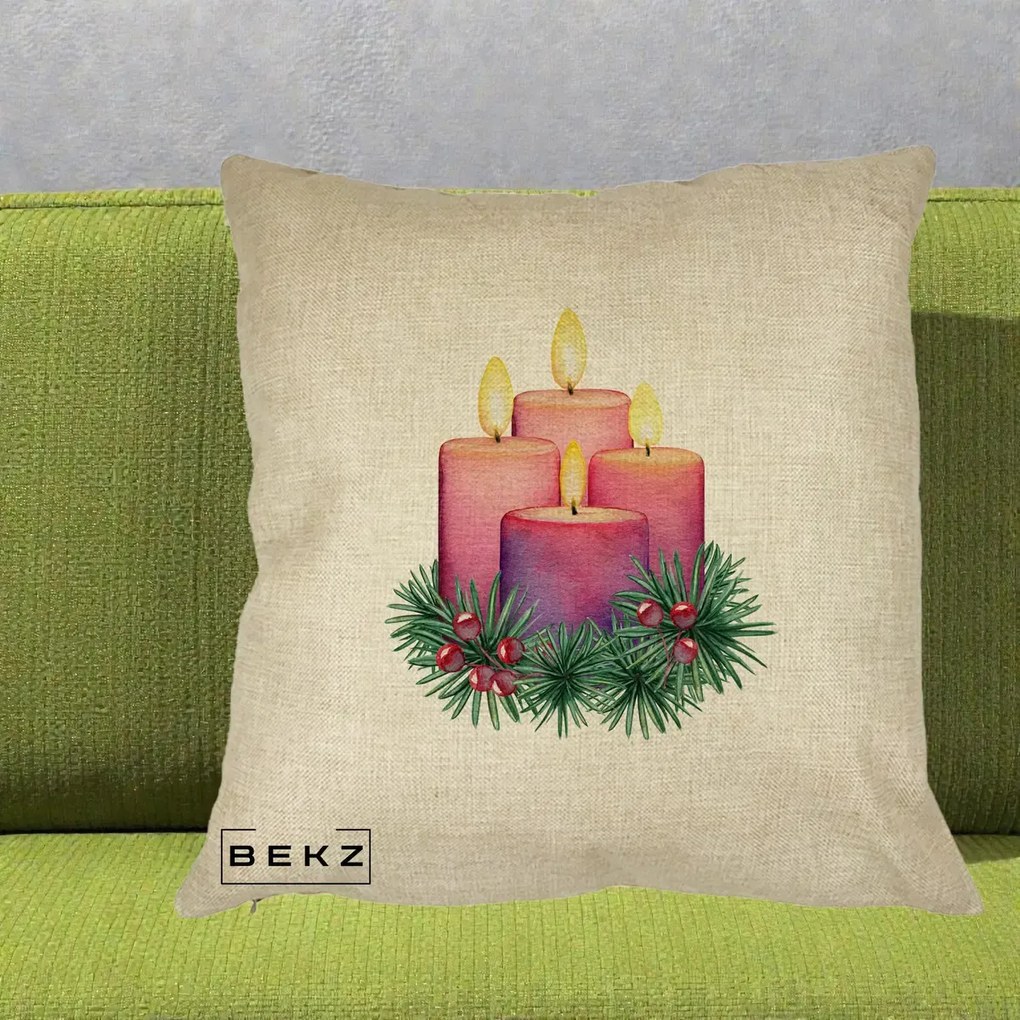 Perna Decorativa Lumanari Advent Roz-Violet, 40x40 cm, Crem, Husa Detasabila, Perna Inclusa, BEKZ®