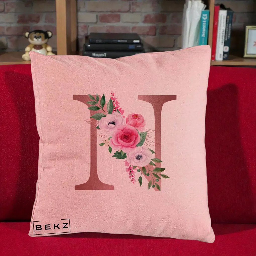 Cadou Personalizat - Perna Personalizata Monograma Rose Gold Litera N, 40x40 cm, Roz, Husa Detasabila, Perna Inclusa, BEKZ®
