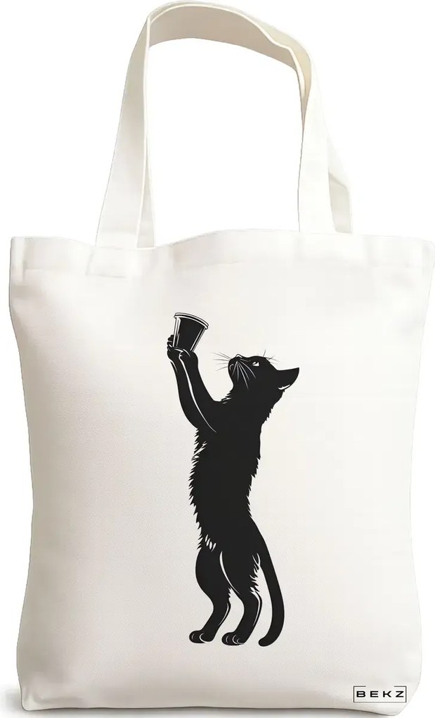 Sacosa de Panza pentru Cumparaturi, Geanta Tote, model Caffeine Cat 7 38 x 34.5 cm, Alba, BEKZ®