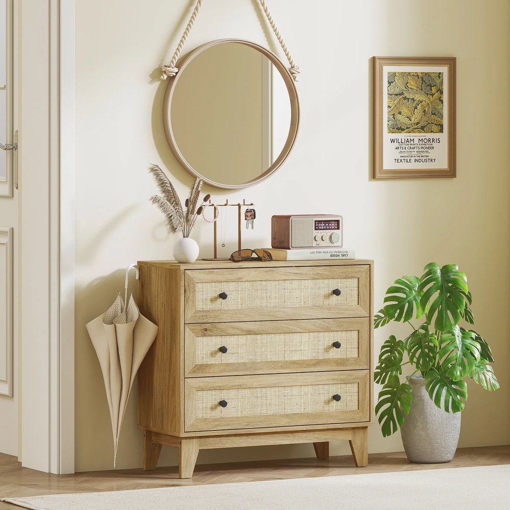 HOMCOM Comoda cu 3 Sertare Comoda de Lemn cu Frontale din Ratan Stil Cannage pentru Dormitor 80x35x76 cm Natural | Aosom Romania