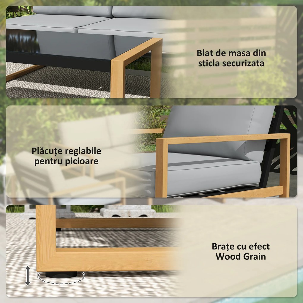 Outsunny Set Mobilier de Grădină din 4 Piese, cu Canapea de 2 Locuri, 2 Fotolii și Măsuță de Cafea, 123.5x75x73 cm, Gri | Aosom Romania