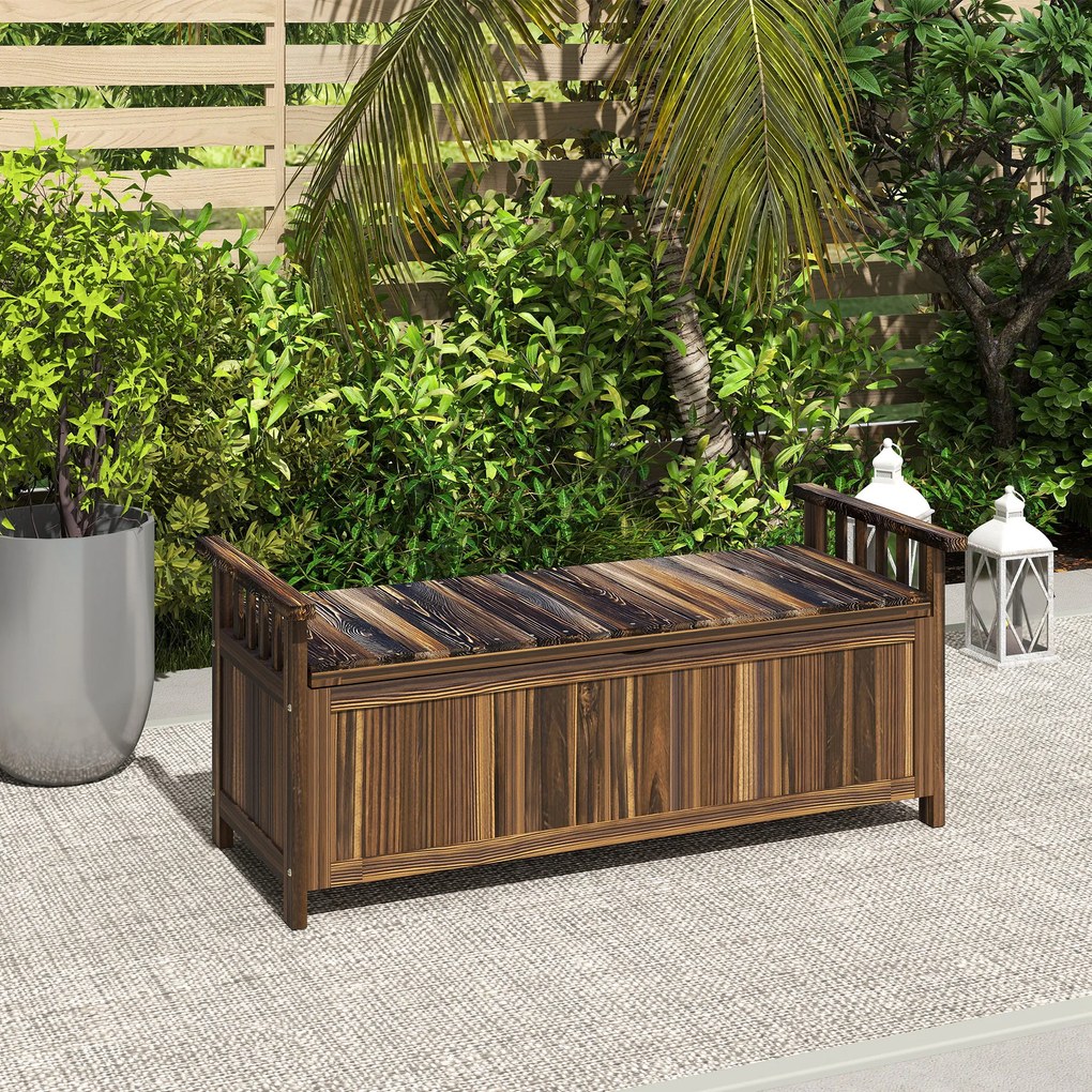 Outsunny Bancă de grădină cu 2 locuri din lemn, rezistentă la intemperii, mobilier de grădină cu spațiu de depozitare și brațe 128,5 x 56 x 53,5cm, Verkohlt | Aosom Romania