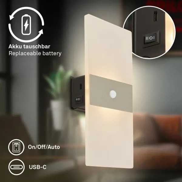 Briloner 3888012 - Aplica LED reîncărcabilă de perete cu senzor AURA, 2,5W/5V, 1800 mAh, mată