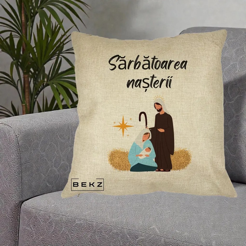 Perna Decorativa Nasterea Domnului Sfanta Familie Sarbatoarea Nasterii, 40x40 cm, Crem, Husa Detasabila, Perna Inclusa, BEKZ®
