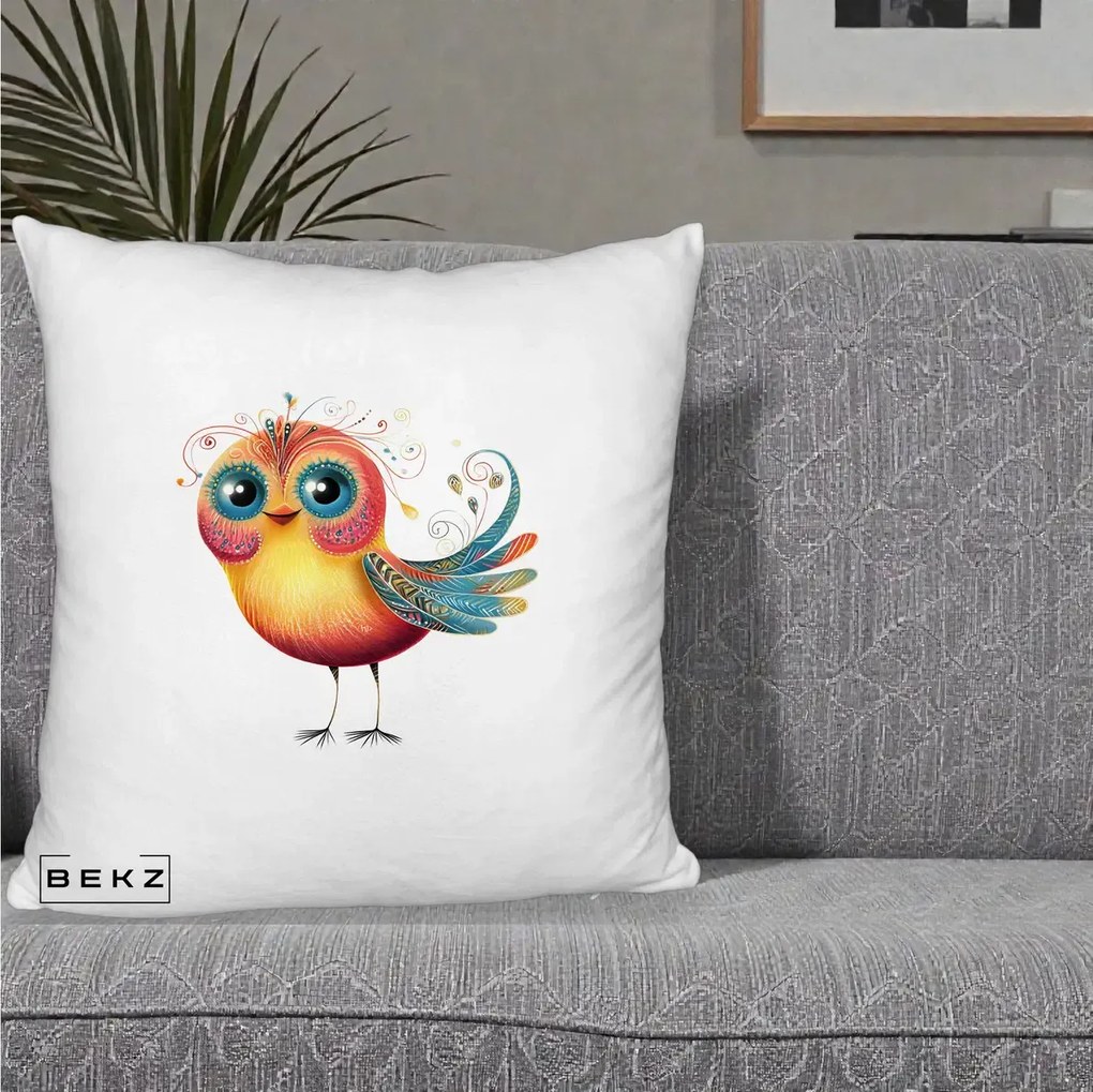 Perna Decorativa Pasare Vibranta cu Aripi Ornamentale, 40x40 cm, Alb Pufos, Husa Detasabila, Perna Inclusa, BEKZ®