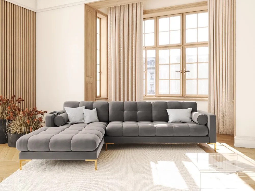 Colțar tapițat Bali, Gri deschis/5 locuri/picioare gold/partea stângă/ L293 x l185 x h75