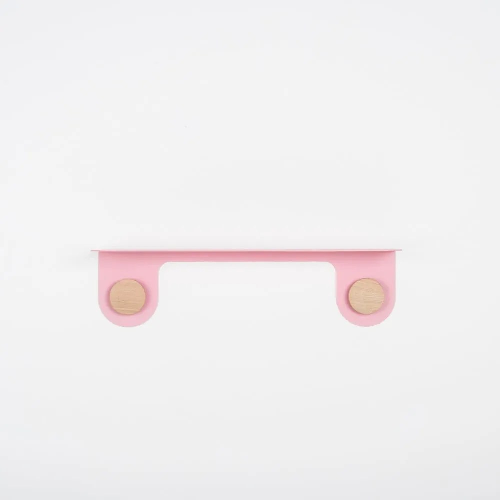 Raft de perete din oțel cu 2 cârlige și detalii din lemn de stejar Gazzda Hook, lungime 50 cm, roz