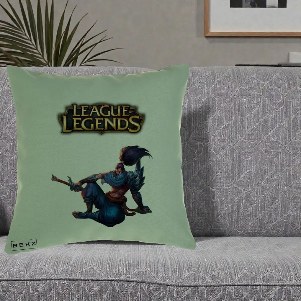 Perna Personalizata League of Legends Yasuo, 40x40 cm, Verde, Husa Detasabila, Perna Inclusa, BEKZ®