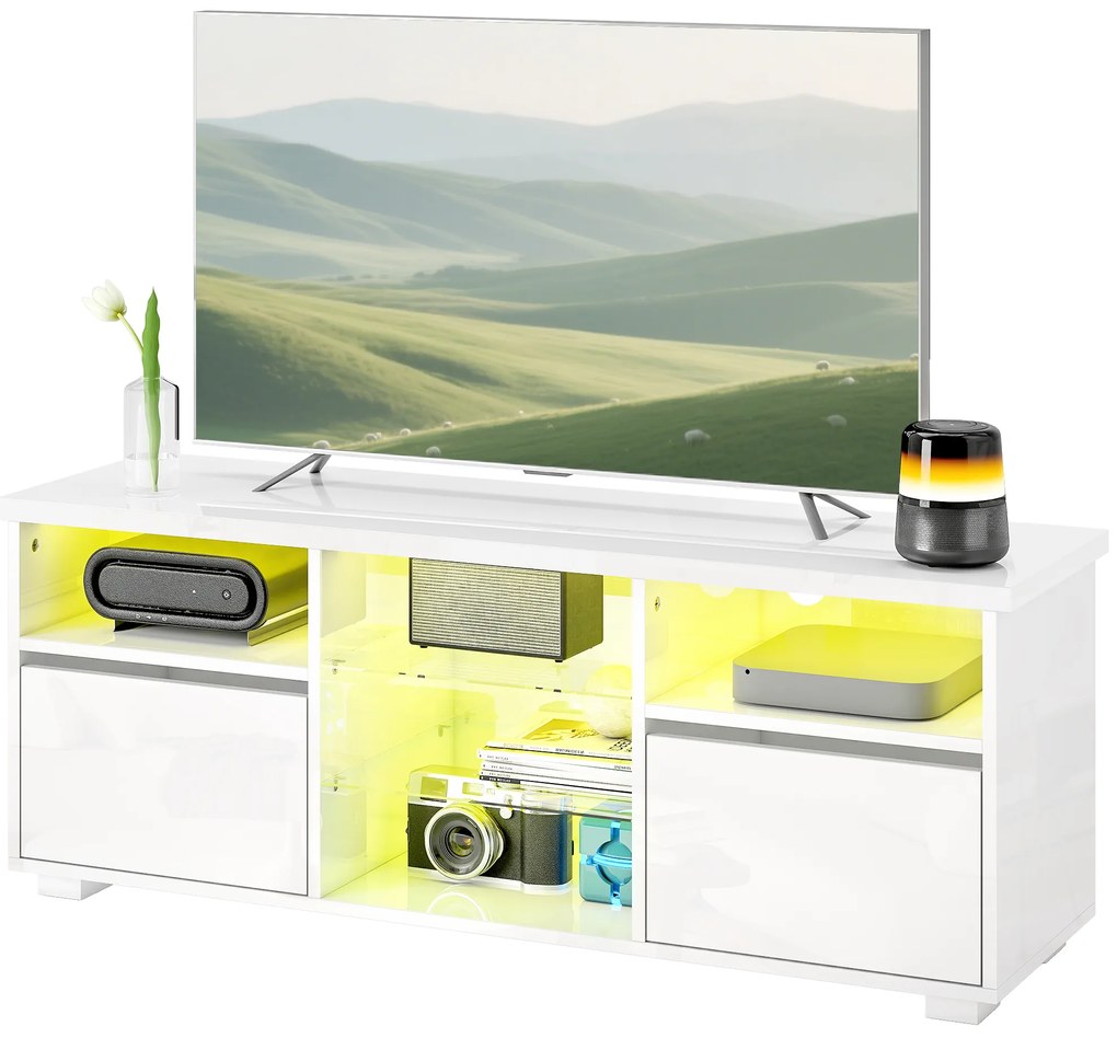 HOMCOM Suport TV 120 cm, suport televizor pentru televizoare de până la 55 inch cu iluminare LED și telecomandă, rafturi din sticlă alb | Aosom Romania