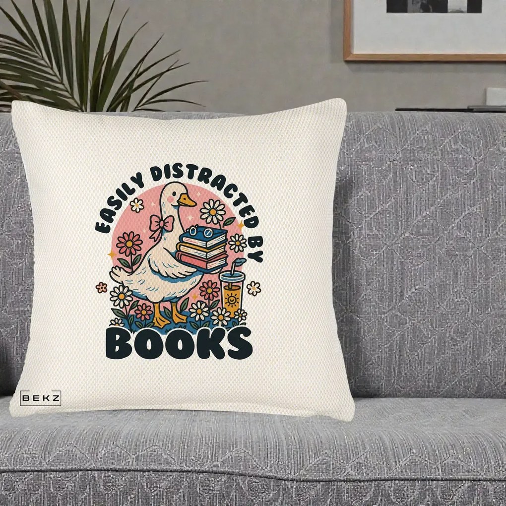 Perna Personalizata Easily Distracted by Books, 40x40 cm, Crem Reliefat, Husa Detasabila, Perna Inclusa, BEKZ®