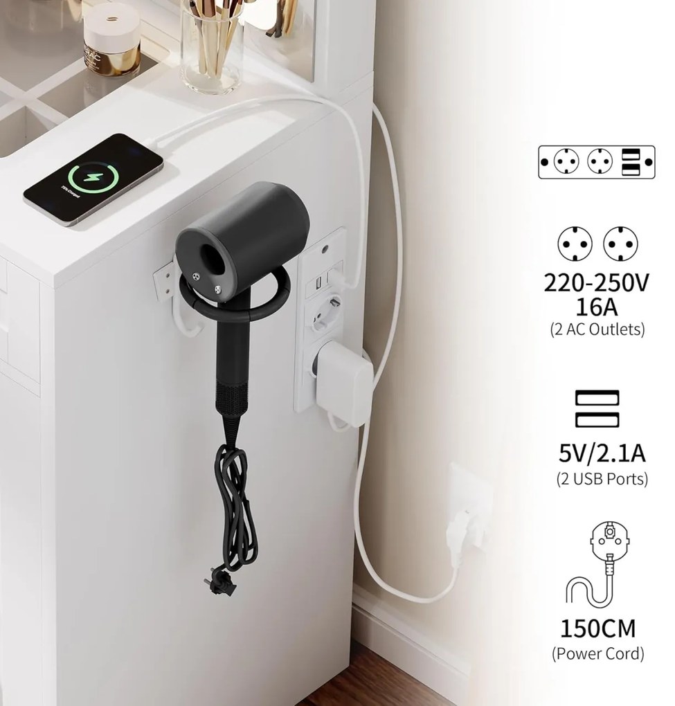 SEA498 - Set Masa toaleta 90 cm, cosmetica machiaj, oglinda cu LED, masuta vanity cu Priza, USB si Suport Uscator par - Alb