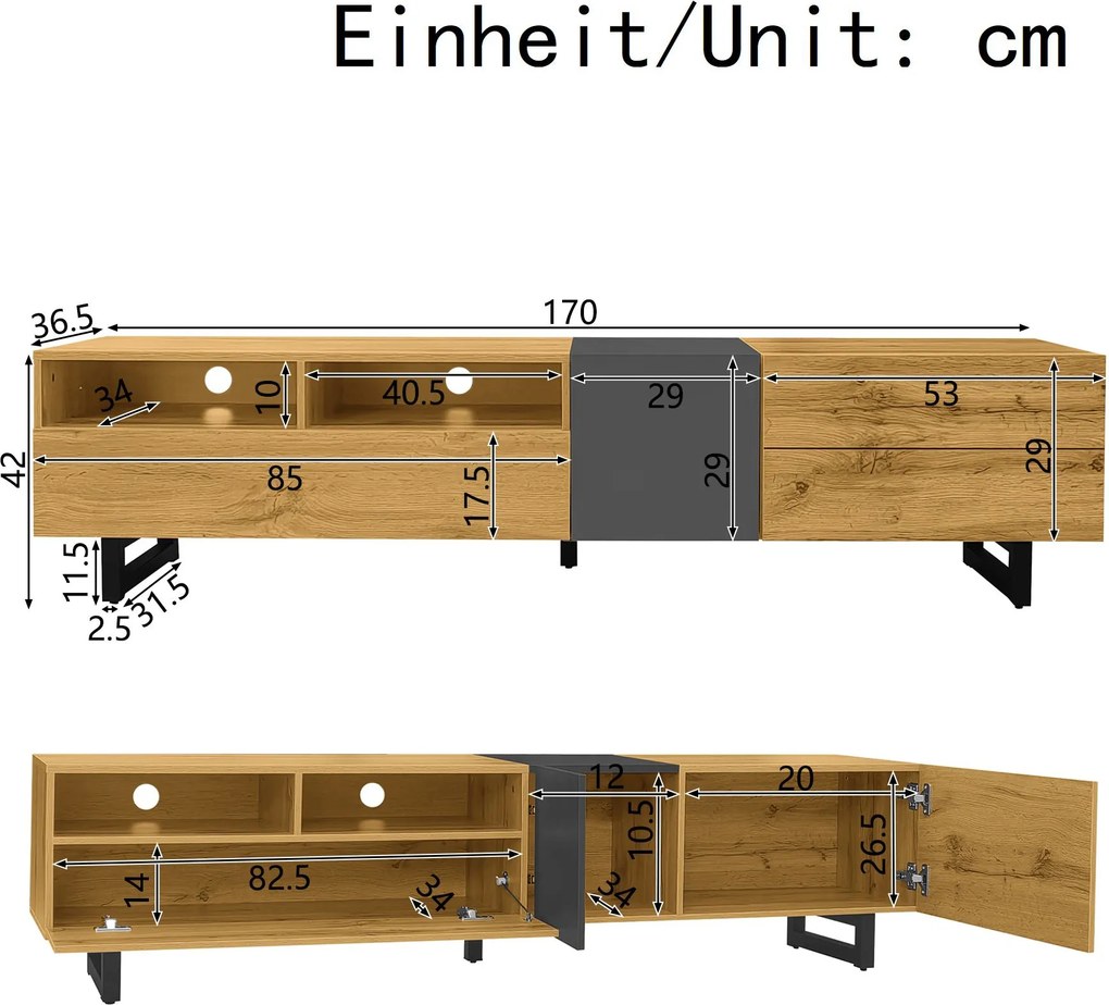 Comodă TV cu 3 uși și 2 compartimente, picioare metalice tip U, 170x36,5x42 cm, Culoare naturală