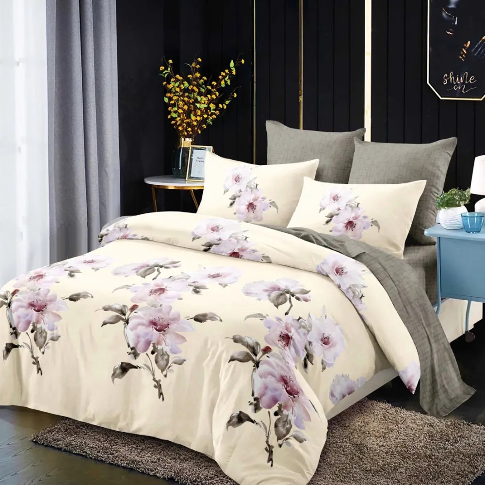 Lenjerie Pat Dublu  FINET  6 piese  Crem  Maro  Flori