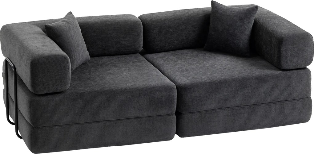 HOMCOM Canapea‑Pat 2 locuri Extensibilă Tapițată în Chenille cu Căptușeală Groasă Brațe Late 2 Perne Gri Închis | Aosom Romania