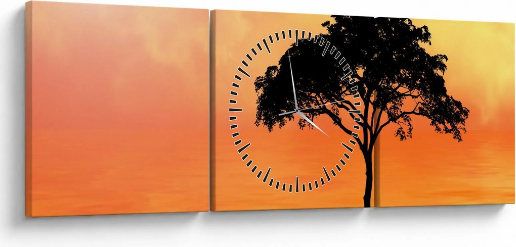 Tablou cu copac în apus de soare (cu ceas) (90x30 cm)