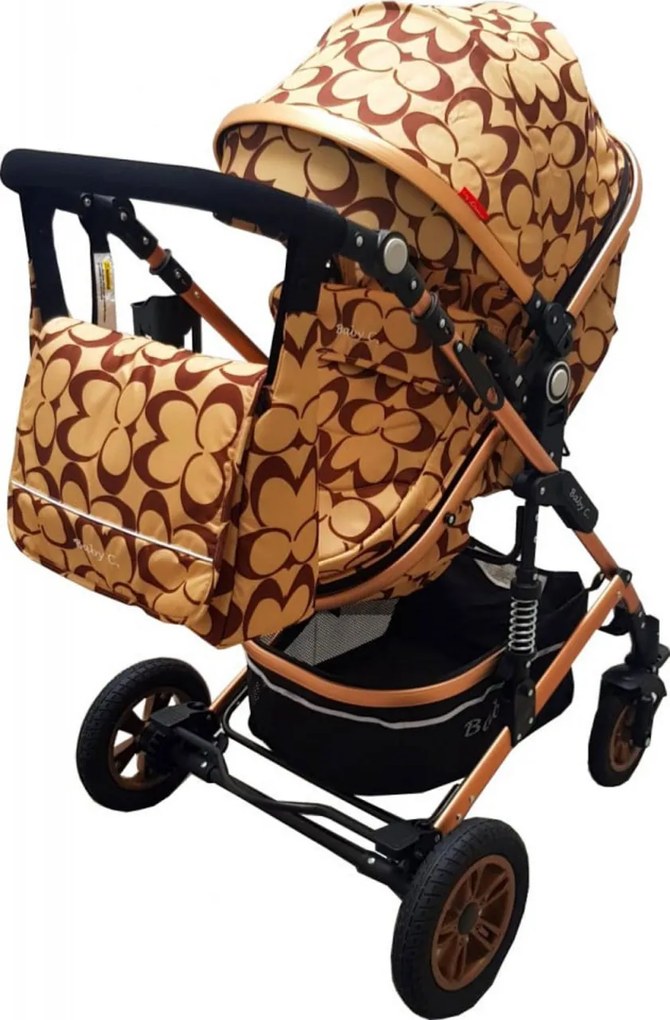 Carucior nou nascuti 3 in 1 Baby Care™ PRO 531, Cu geanta bebe, Cadru Aluminiu Gold , Amortizoare, Roti din cauciuc plin AVE, Landou, Scoica auto,