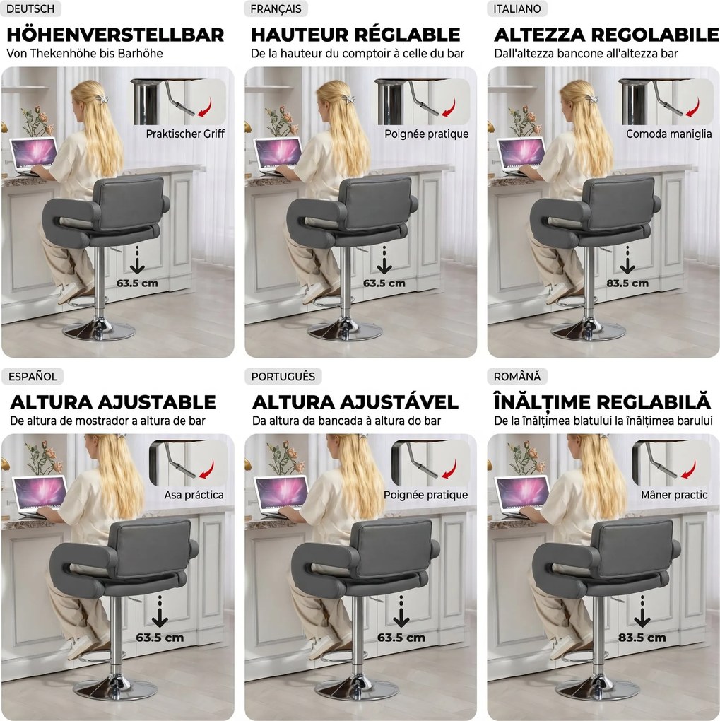 HOMCOM Scaun de Bar Reglabil, Șezut Extra Large Rotativ din Piele Ecologică PU, Gri | Aosom Romania