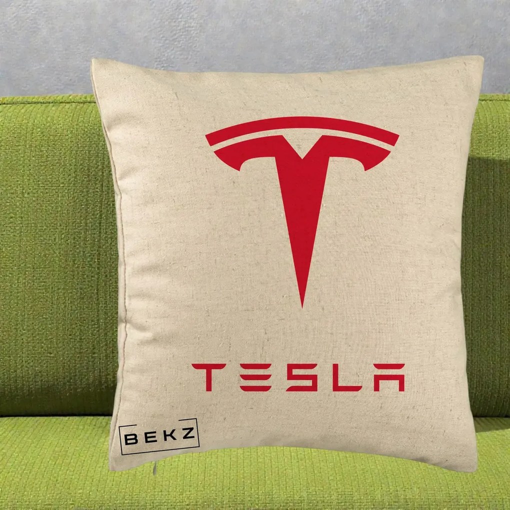 Perna Personalizata cu emblema Tesla, 40x40 cm, Bej, Husa Detasabila, Perna Inclusa, BEKZ®