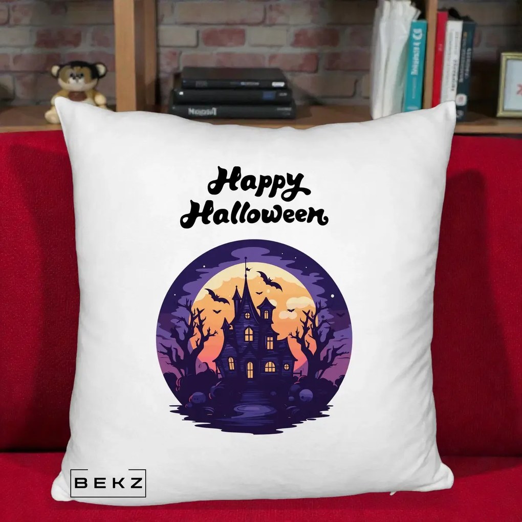 Perna Decorativa Happy Halloween Casa Bantuita Violet, 40x40 cm, Alb Pufos, Husa Detasabila, Perna Inclusa, BEKZ®