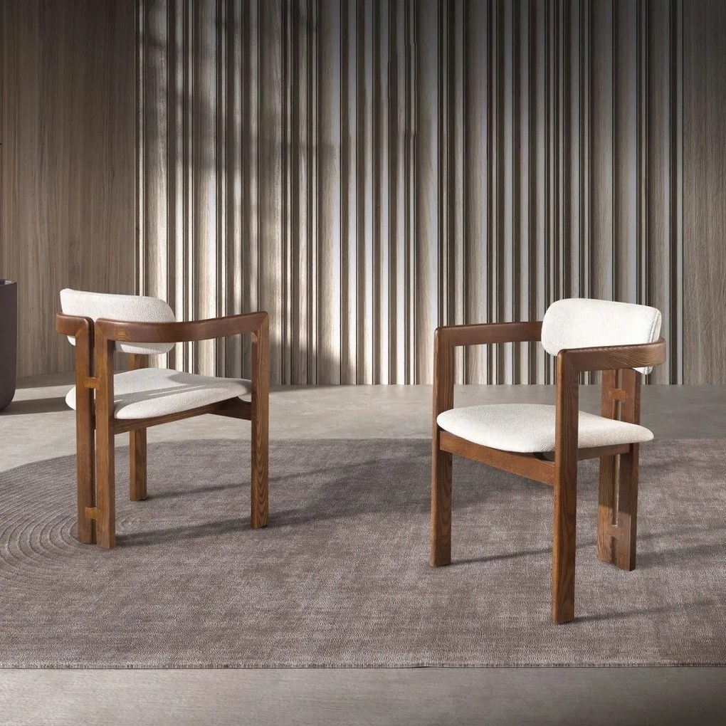 Scaun dining material textil alb-galbui si lemn Off-white