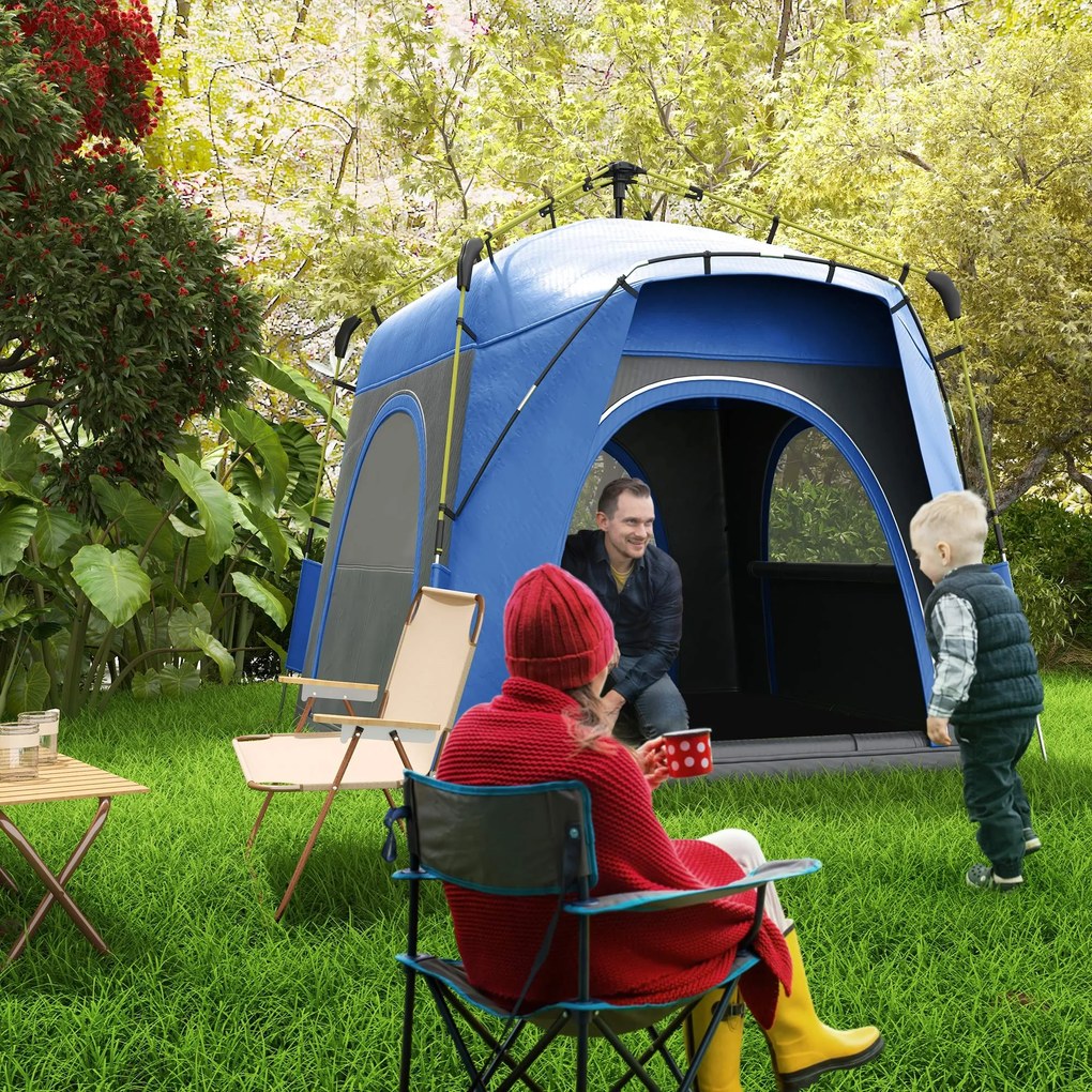 Outsunny Cort camping familial 4 persoane, montare pop-up rapidă, ușor, ventilat, 4 ferestre anti-soare, 2,4x2,4x1,99 m, gri/albastru | Aosom Romania