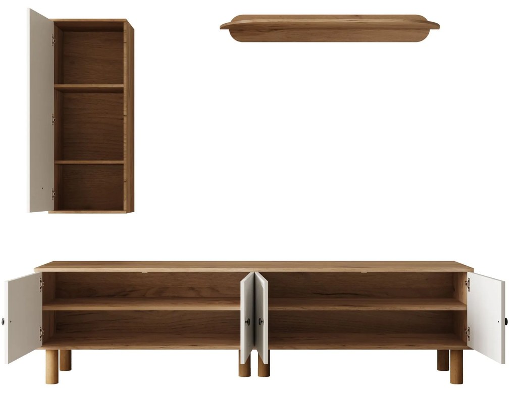 Set mobilier living 3 piese, compus din dulap înalt, comodă joasă și etajeră de perete, Culoare naturală