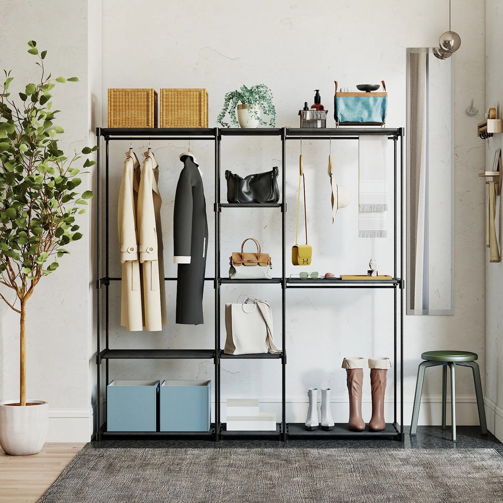 HOMCOM Dulap Garderobă din Material Textil cu 8 Rafturi și 3 Bare pentru Agățat, 182x43x185 cm, Negru | Aosom Romania