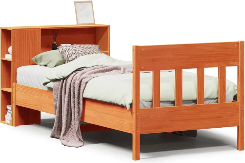 vidaXL Pat cu bibliotecă fără saltea, maro, 100x200 cm, lemn masiv pin