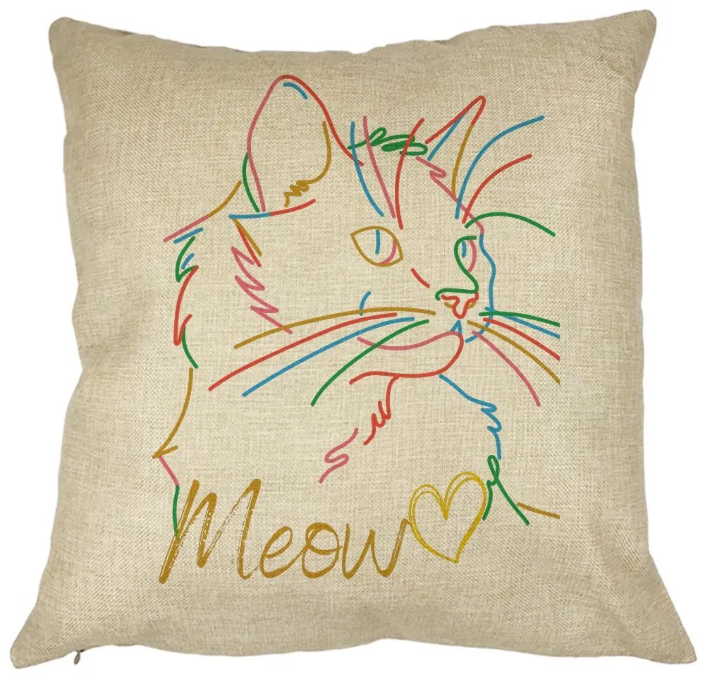 Perna Decorativa Patrata Pisica Meow, 40x40 cm, Husa Detasabila, Burduf