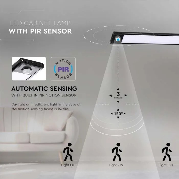 Corp led pentru dulap cu senzor de miscare si acumulator, 2.5 W, lumina neutra(4000K), 260 lm, IP20, negru, V-TAC