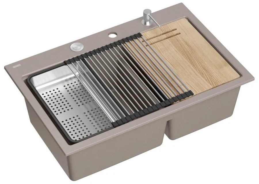 Statie de lucru incastrata Quadron Unique Marc 120 bej soft taupe - inox 2 cuve 76x50 cm