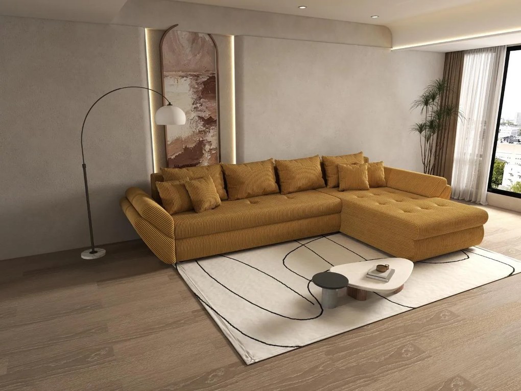 Colțar extensibil dumonde cu ladă de depozitare si sezut confortabil din spuma high-density, Loana XL Zoom Mustar II 335x185 cm