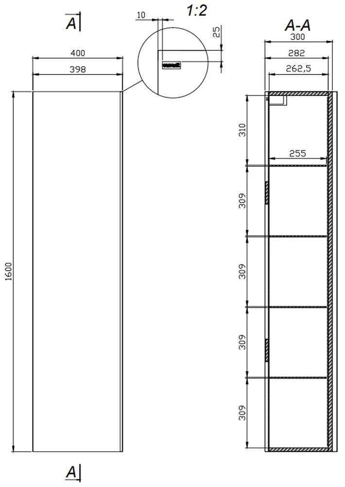 Dulap baie suspendat Cersanit Virgo, o usa, 160 cm, alb maner negru, montat Alb maner negru