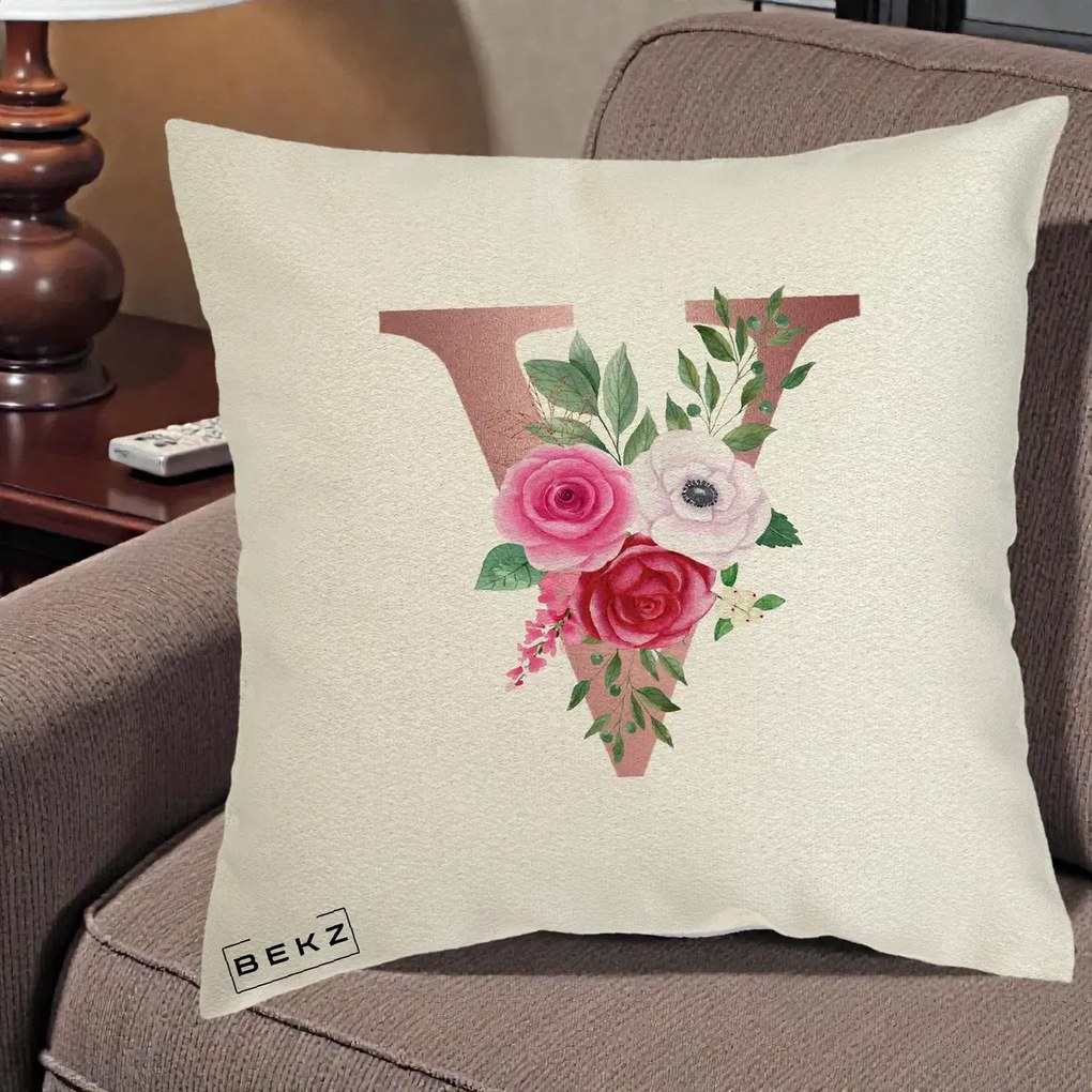 Cadou Personalizat - Perna Personalizata Monograma Rose Gold Litera V, 40x40 cm, Ecru, Husa Detasabila, Perna Inclusa, BEKZ®