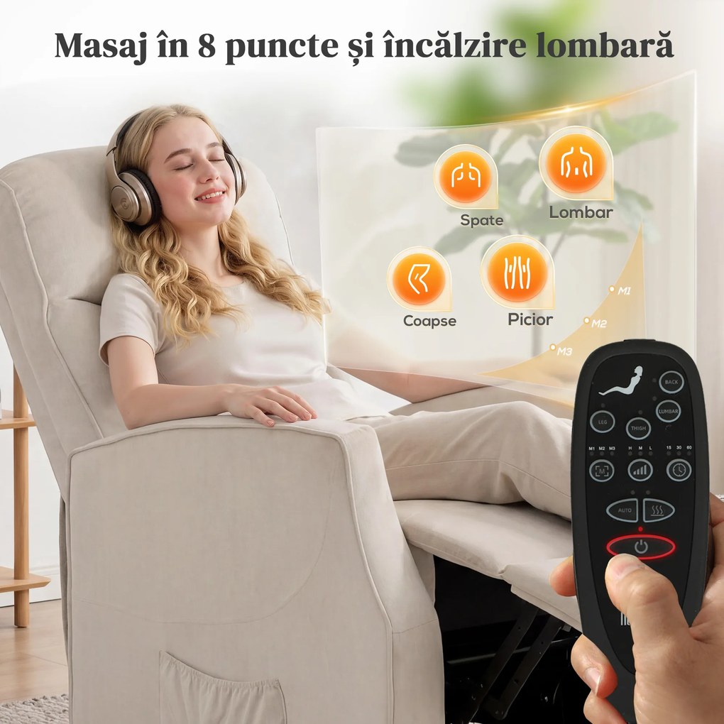 HOMCOM Fotoliu Electric cu Ridicare 150° din Material ce Imita Inul cu 8 Puncte de Masaj, Încălzire, Bej | Aosom Romania