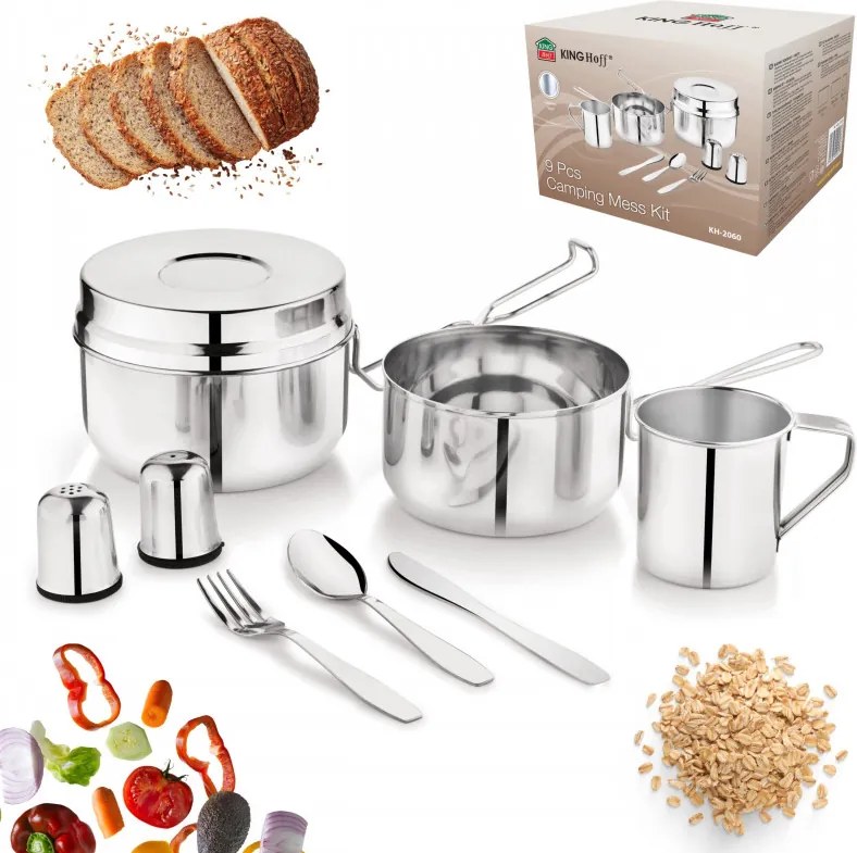 Set de tacamuri si vase pentru camping Kinghoff KH 2060, 9 piese, Otel inoxidabil, Argintiu