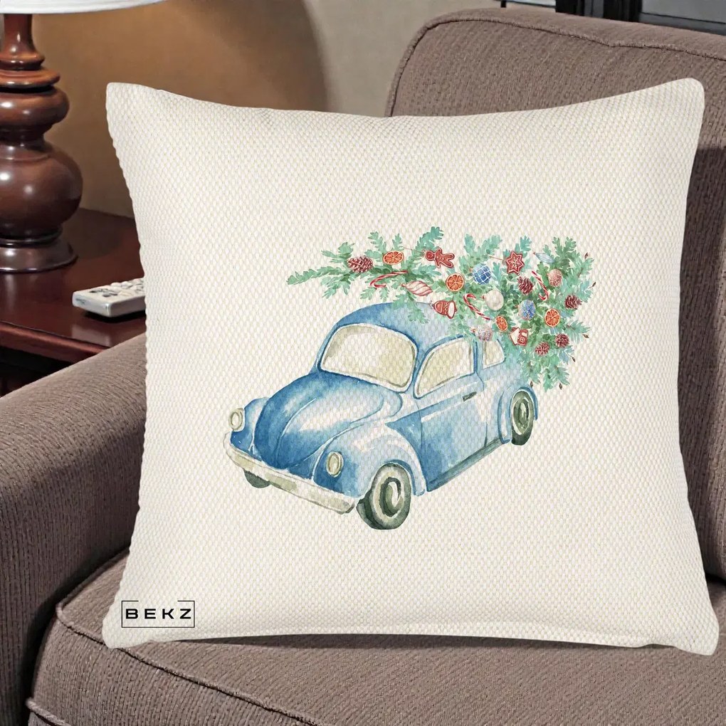 Perna Decorativa Masinuta Albastra cu Brad de Craciun, 40x40 cm, Crem Reliefat, Husa Detasabila, Perna Inclusa, BEKZ®