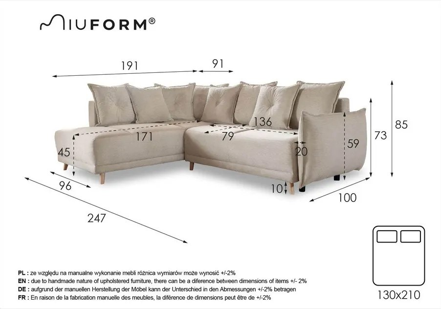 Colțar gri extensibil cu tapițerie din catifea reiată (colț stânga) Lazy Lukka – Miuform