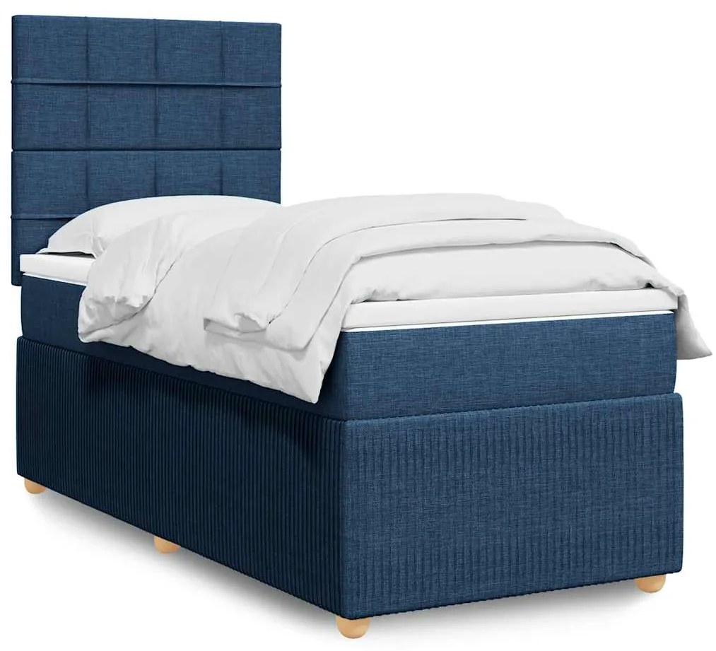 vidaXL Pat box spring cu saltea, albastru, 90x200 cm, textil