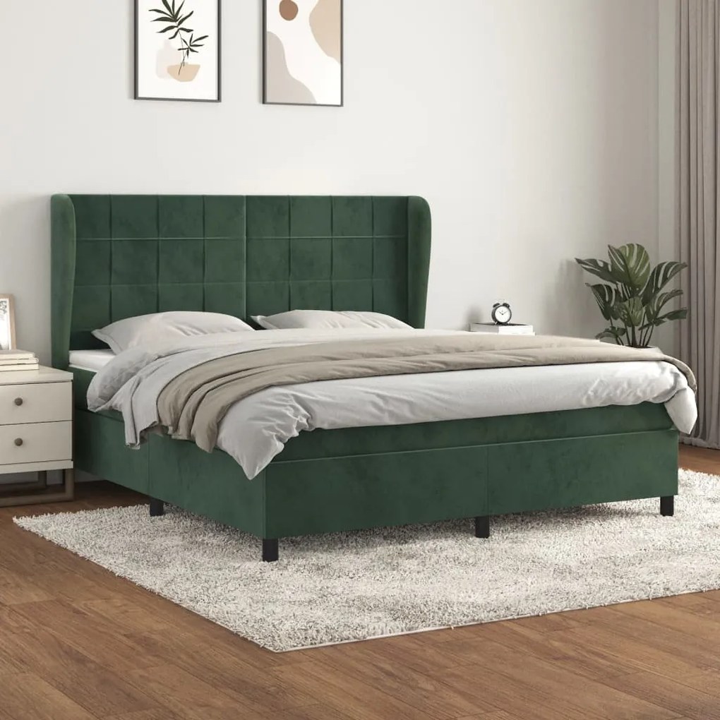 3129222 vidaXL Pat box spring cu saltea, verde închis, 160x200 cm, catifea