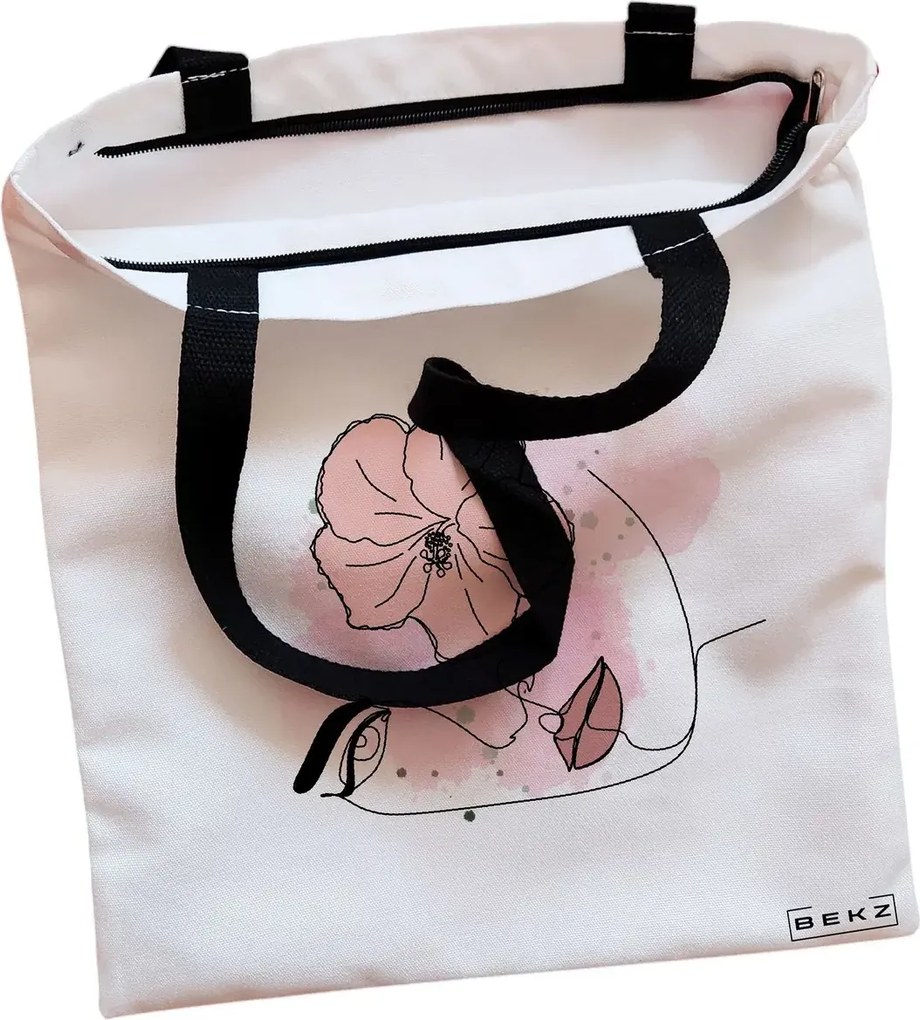 Sacosa de Panza pentru Cumparaturi, Geanta Tote, model Floral Line, Cu fermoar, 38x34.5 cm, Alba, BEKZ®