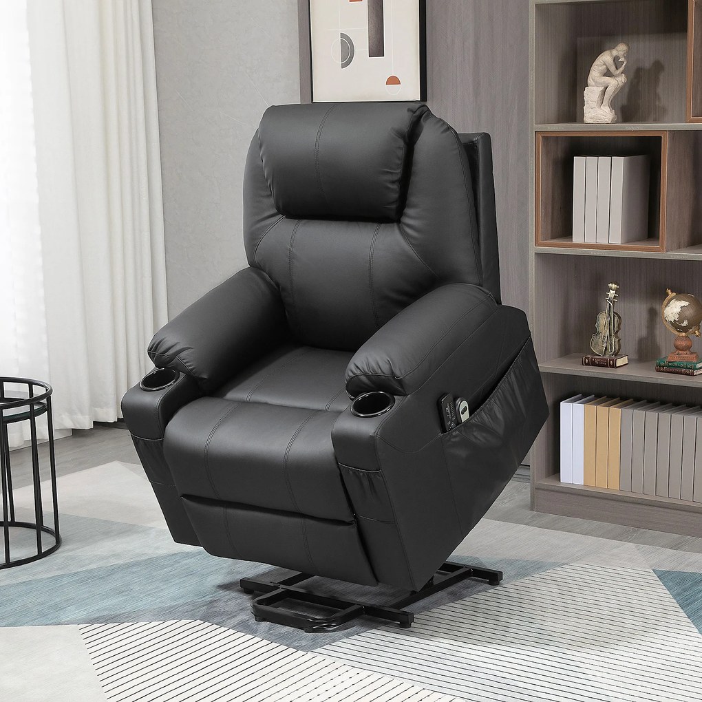 HOMCOM Scaun cu Ridicare Electrică, Masaj, Telecomandă și Buzunare Laterale pentru Vârstnici, din Piele PU, 88x92x106 cm, Negru | Aosom Romania