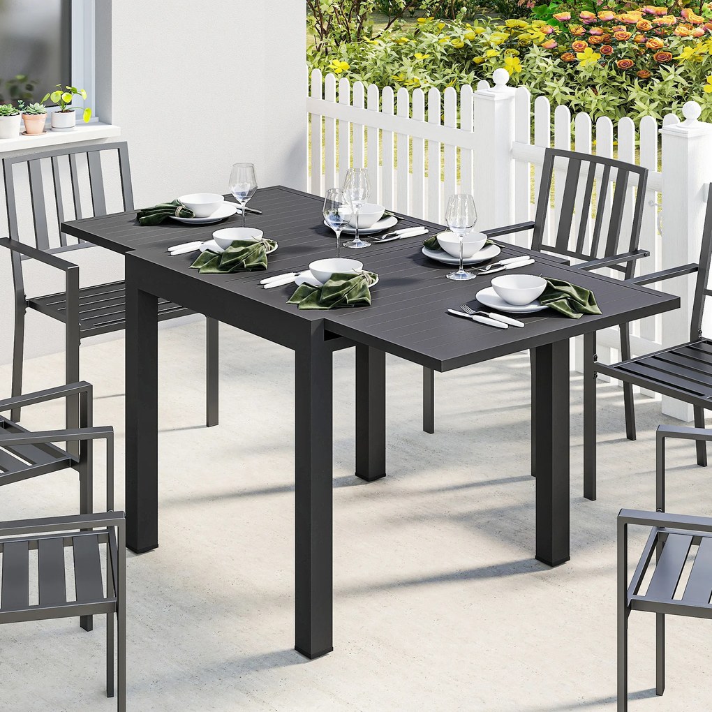 Outsunny Masă de Grădină Extensibilă pentru 4-6 Persoane 80/160x80 cm, Masă de Prânz pentru Exterior din Aluminiu cu Blat Lamelar, pentru Terasă, Balcon, Negru | Aosom Romania