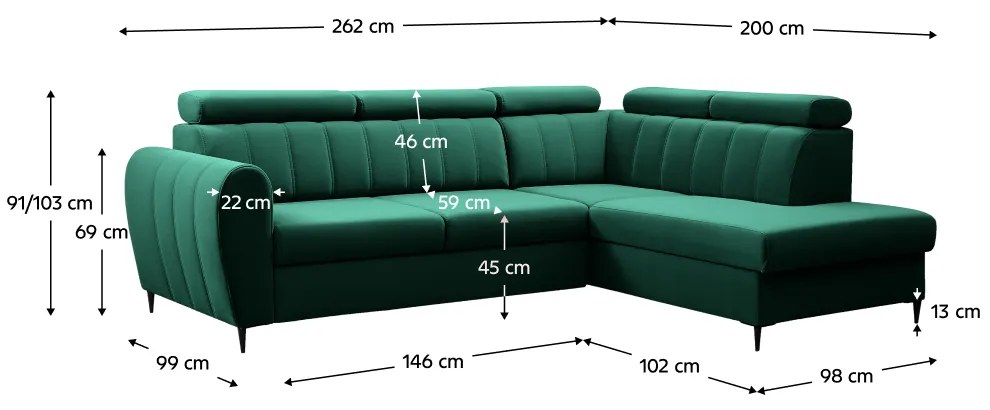 Canapea extensibila, smarald, dreapta, KORIO L