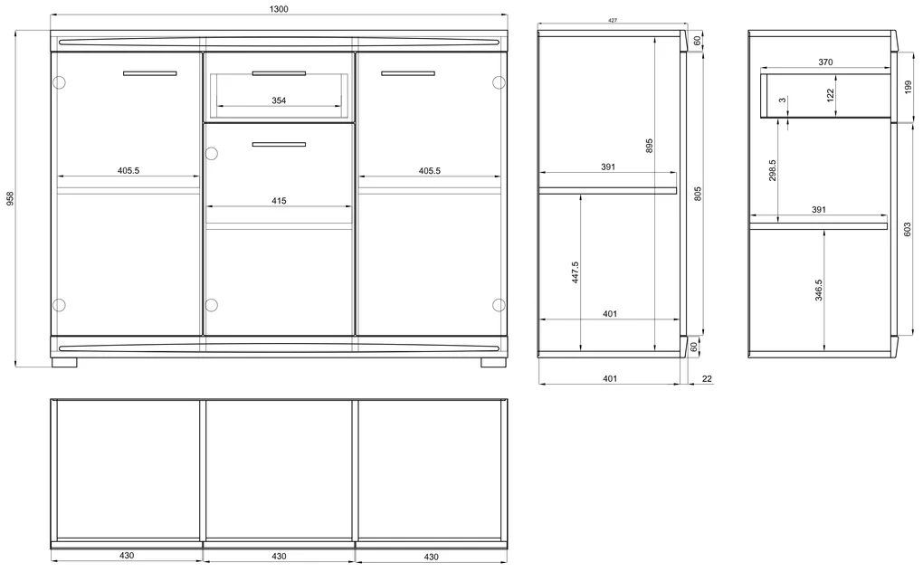 Mazzoni Comodă lată SIMPLE KD3SZ1 Stejar Craft Auriu/Alb Luciu - DULAP CU RAFTURI PENTRU LIVING