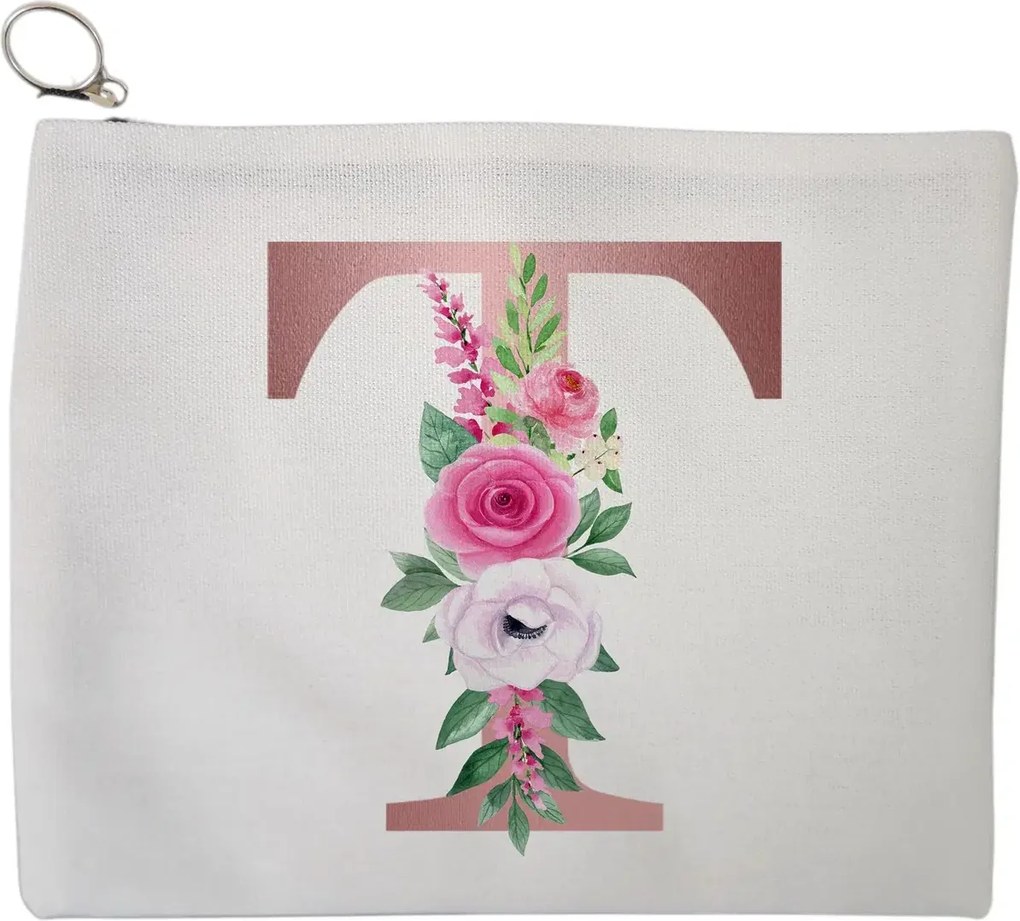 Portfard Cosmetice tip Plic, Cu litera T Rose Gold si Trandafiri, 23x18 cm, Alb, BEKZ®