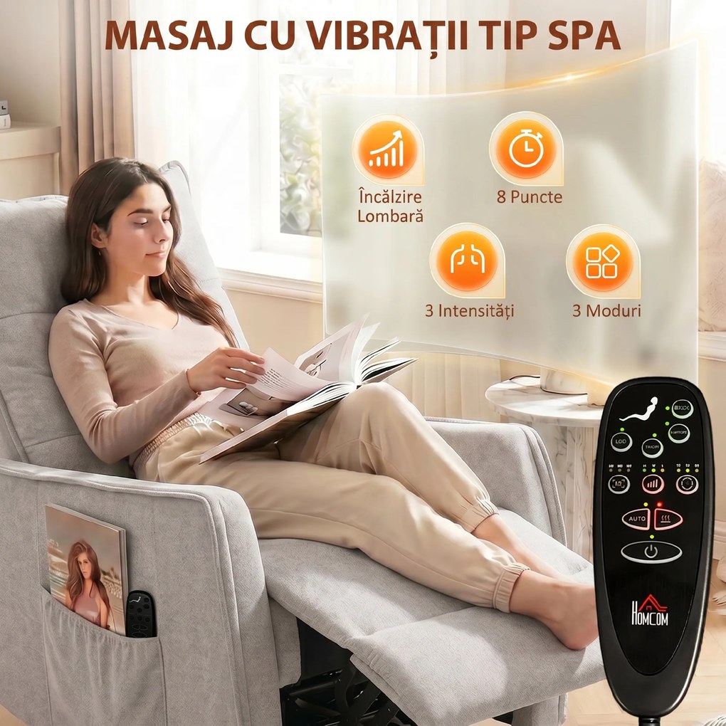 HOMCOM Fotoliu Masaj Reclinabil cu Încălzire Rotativ din Chenille cu Suport pentru Picioare și Telecomandă, Gri Deschis | Aosom Romania