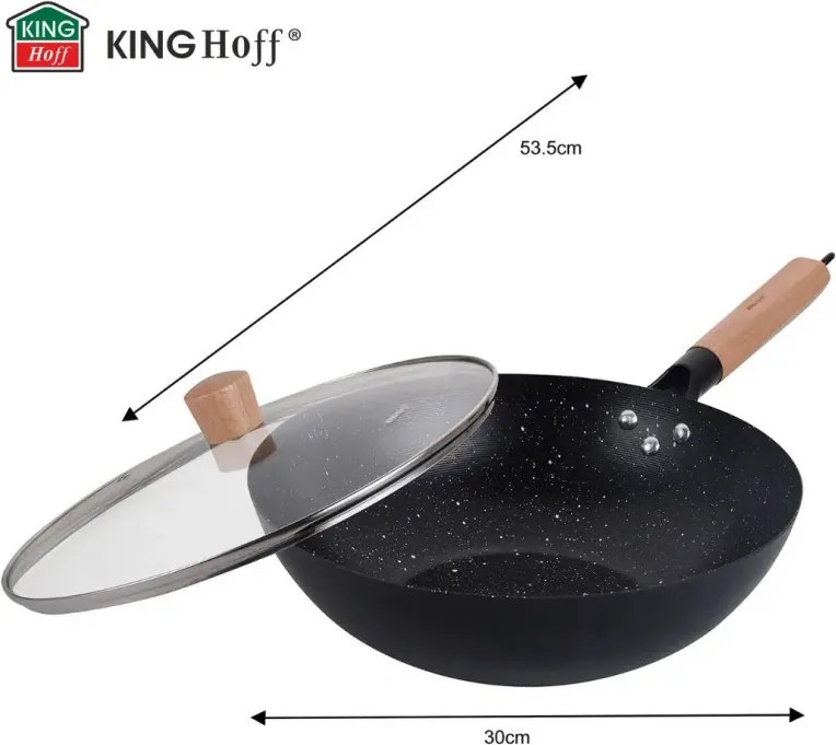 Kinghoff KH 1984 wok, 30 cm, Capac din sticlă cu gaură pentru abur, Finisaj marmură, Inducție, Negru