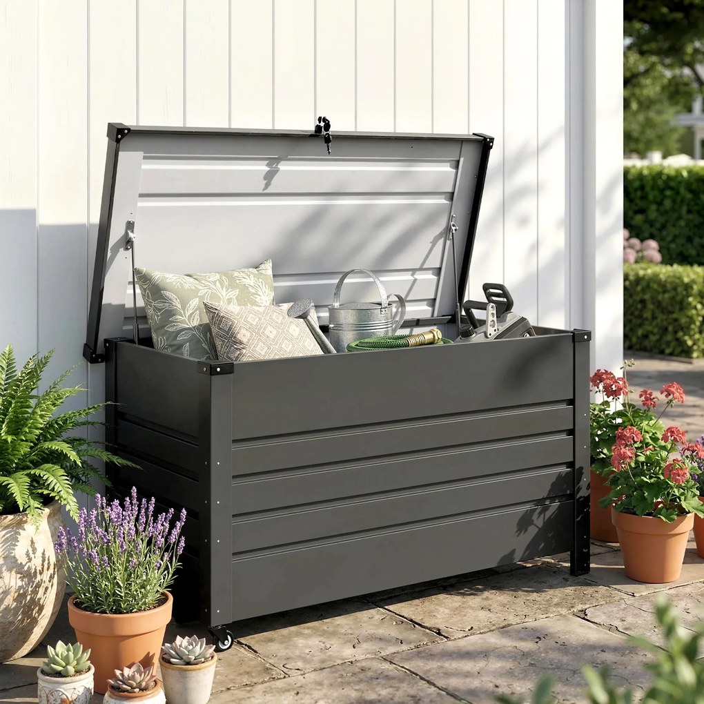 Outsunny Ladă 430L, Recipient Metalic cu Capac Blocabil, Roți, Mânere Laterale, Gri | Aosom Romania